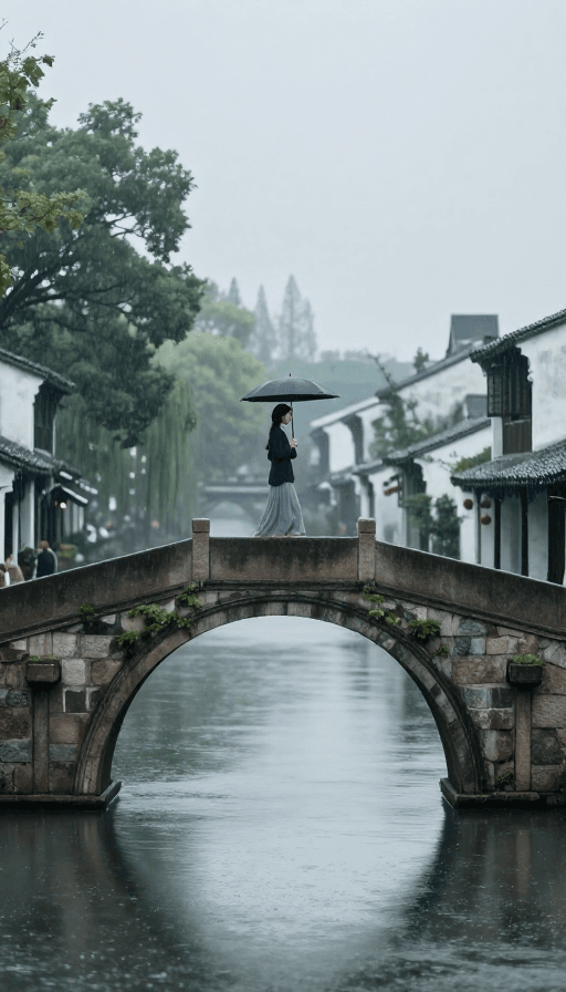 古风人物素材：烟雨江南：古韵女子拱桥漫步图