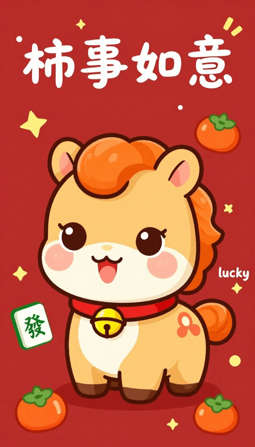 新年装饰素材：橙鬃吉马迎福运：Q版喜庆新年图