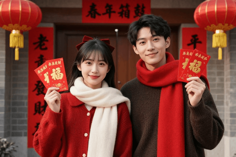 摄影素材：新春福运：暖红色调下的喜庆合影