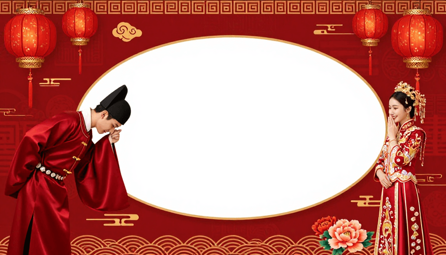婚礼背景素材：喜庆中式婚礼背景图，正红金饰留白中心