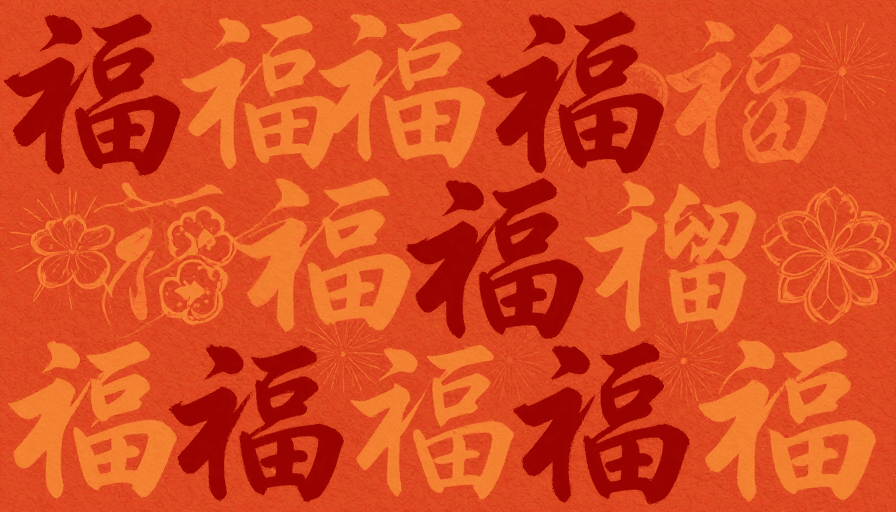 春节主题素材：橙红篆隶福榴纹纸艺春节背景