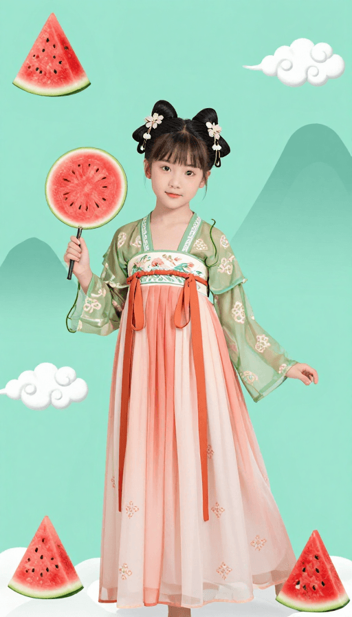 创意符号素材：国潮西瓜仙子：青绿山水中的汉服少女与瓜藤云纹