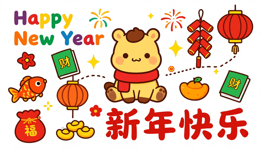 吉祥物形象素材：新春祝福：卡通小马与多彩春节元素插画