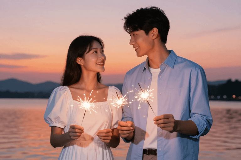 日落素材：日落烟花：亚洲情侣浪漫对视瞬间