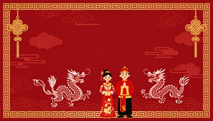 喜庆插画素材：红金龙凤喜庆婚俗插画背景设计