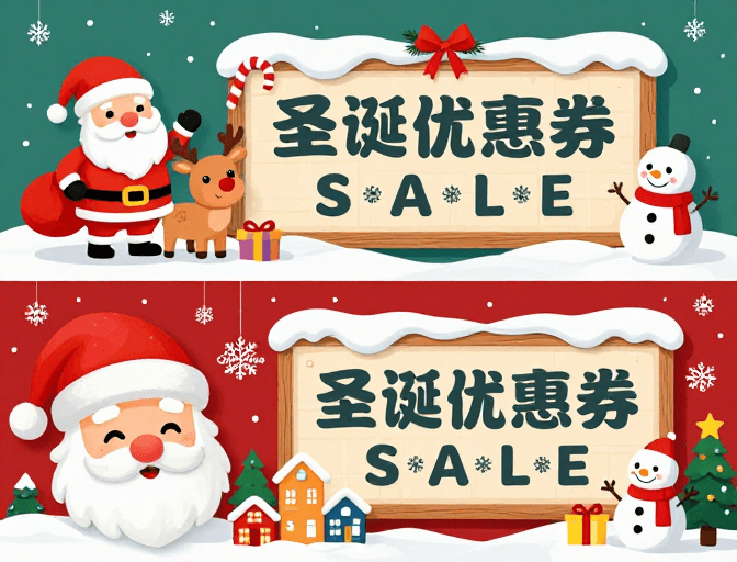 温馨童趣素材：圣诞童趣促销海报：红绿双景插画风格