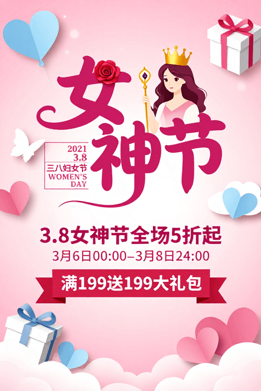 纸艺风格素材：甜美纸艺女神节海报：玫红渐变背景与促销设计