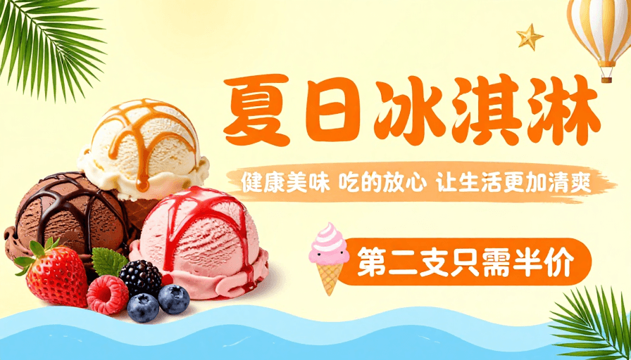 健康美食素材：清新夏日：美味冰淇淋促销海报