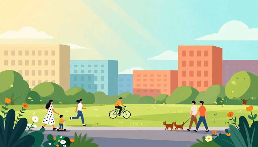 温馨治愈素材：扁平插画风城市公园，阳光下的温馨日常