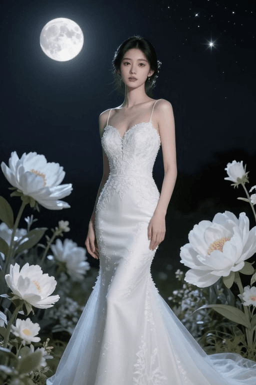 #满月花海素材：满月花海中优雅美人鱼婚纱新娘