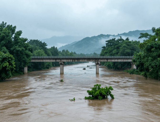 生态破坏素材：暴雨后浑浊河流与旧桥：自然警示纪实