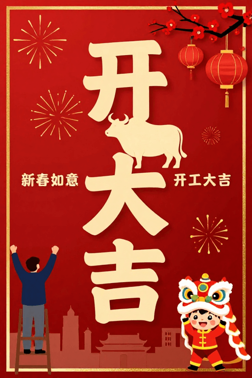 开工大吉素材：新春开工大吉：传统插画与节日氛围融合设计