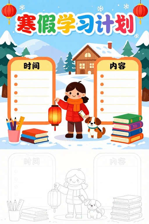 学习计划表素材：寒假学习计划手绘海报：童趣冬日校园风