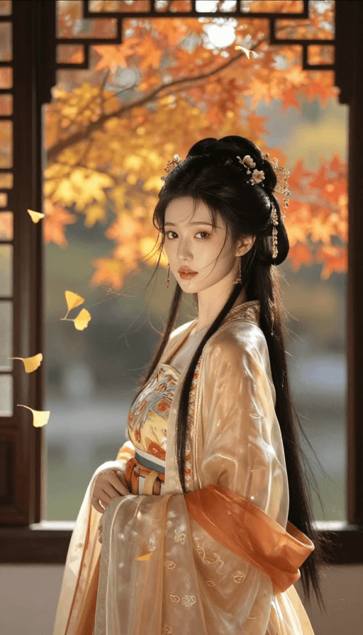 诗意氛围素材：古窗秋色绘诗意：华美汉服少女静立