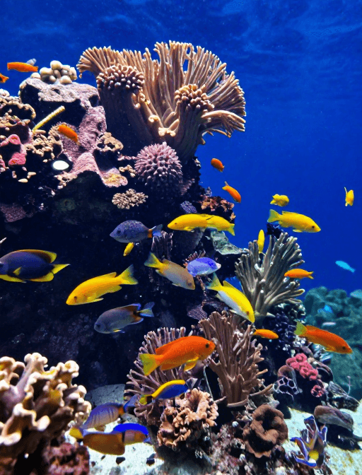 海洋生物素材：梦幻海底世界：五彩斑斓的海洋生物游动瞬间