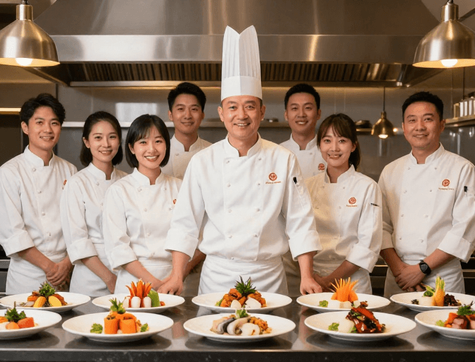 开放式厨房素材：七位亚洲主厨合影展示高端中式料理艺术