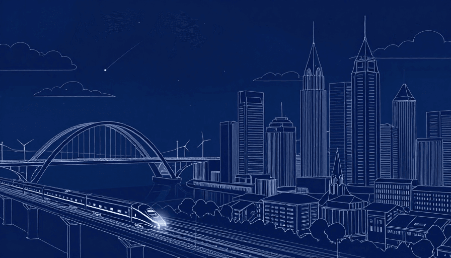 星空背景素材：未来都市夜景线稿插画：列车穿梭星空