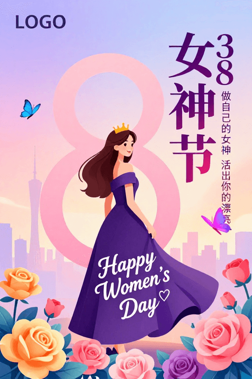 女性力量素材：梦幻渐变女神节海报：插画展现女性优雅与自信