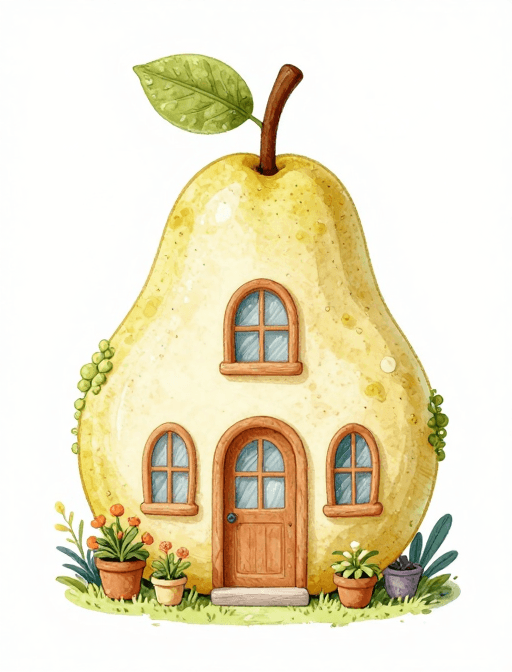田园风光素材：精致雪梨房屋手绘插画：绿植环绕的田园小屋