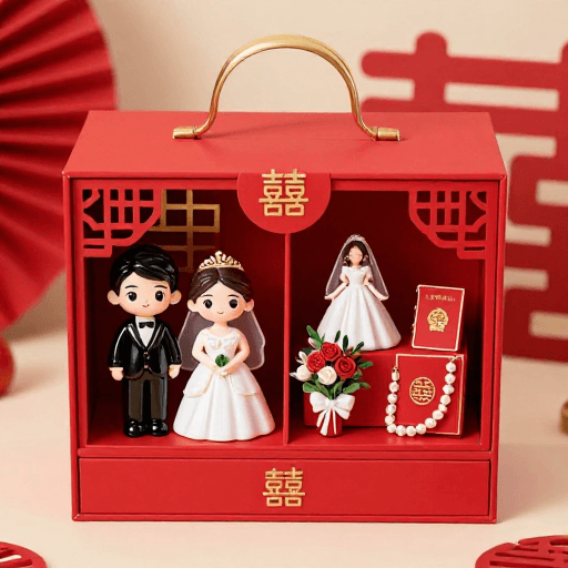 吉祥图案素材：朱红新中式婚庆立体盲盒礼盒设计