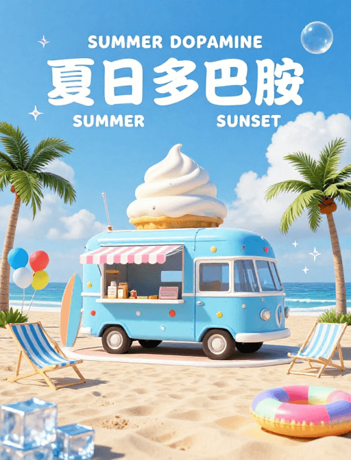 多巴胺风格素材：夏日多巴胺：海滩清凉度假风插画