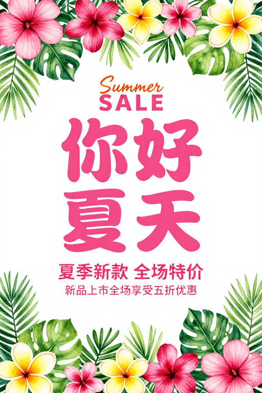 夏日促销素材：夏日清新促销海报：粉红与翠绿的热烈邀请