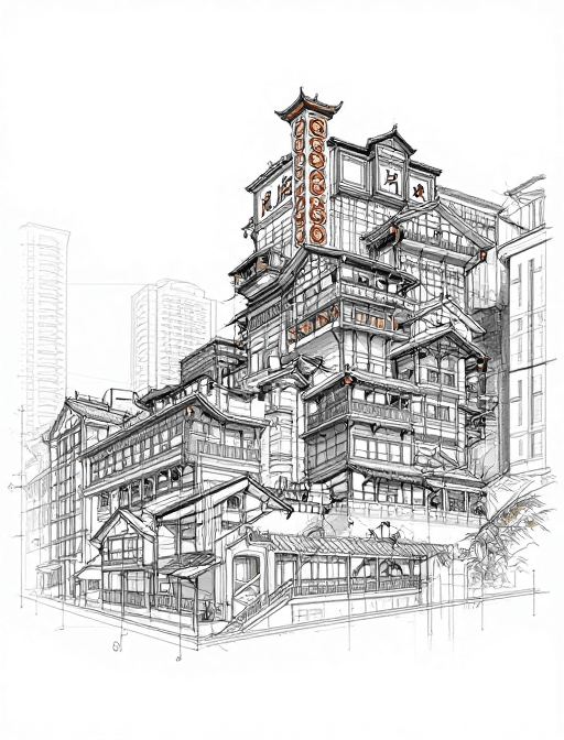 重庆洪崖洞素材：重庆洪崖洞CAD设计蓝图：铅笔素描细节图