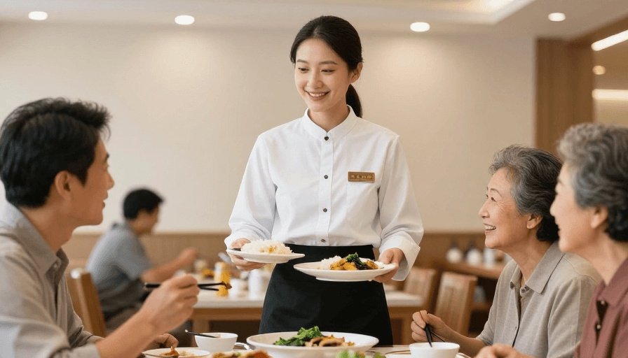暖色调照明素材：光盘行动暖心瞬间：亚洲女服务员端剩菜合影