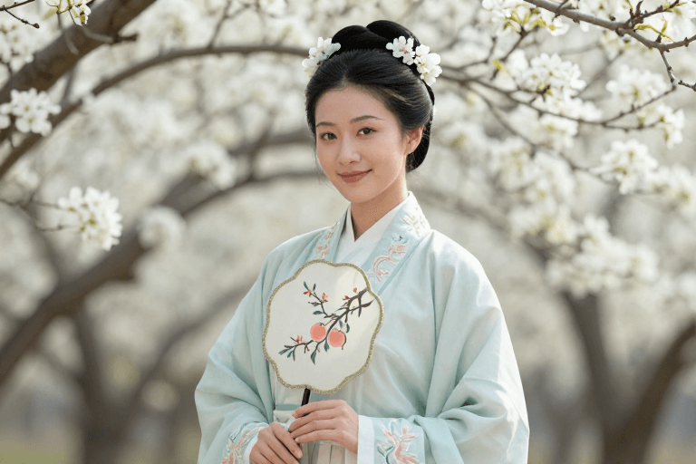 汉服素材：青纱醉月：汉服女子与梨花的古典美