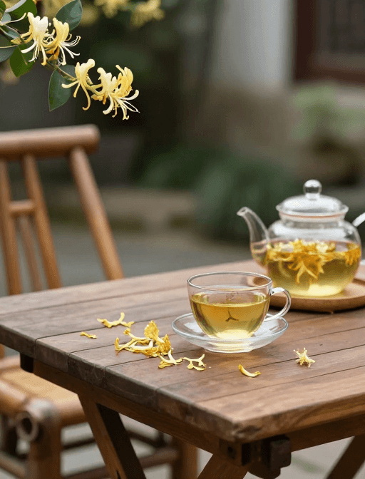 木质家具素材：庭院静美：高清金银花茶与花瓣的意境实拍