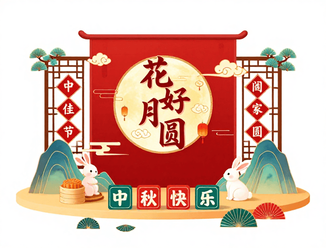 喜庆配色素材：花好月圆中秋佳节传统插画风格海报设计