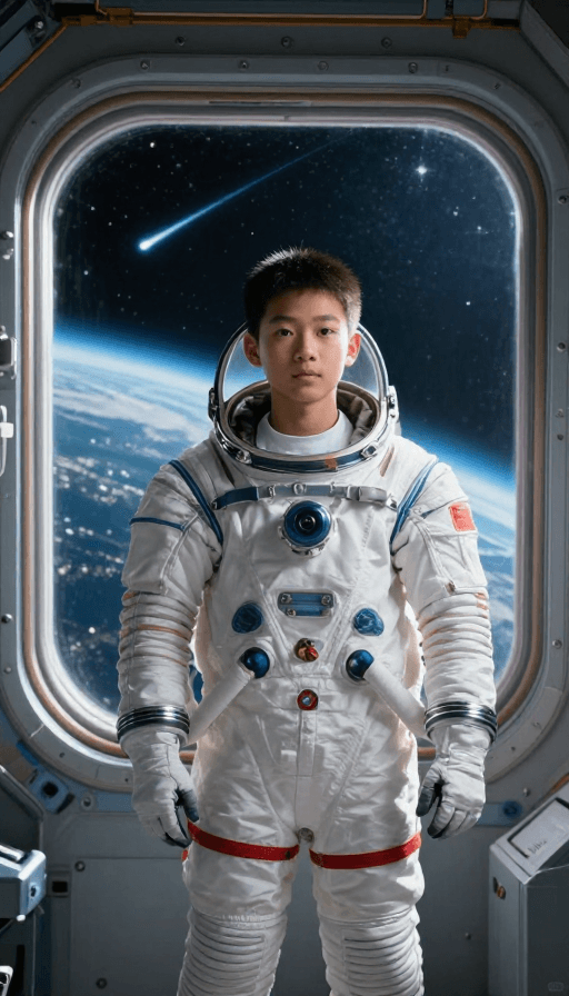 科幻场景素材：少年宇航员眺望星空：真实电影感太空场景