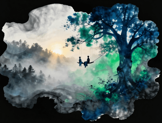 超现实水墨素材：迷雾森林中的民族对唱：扎染水墨超现实画卷