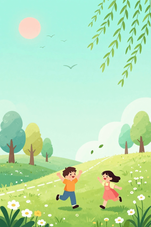 治愈系风格素材：春日童趣治愈插画：清新绿色背景下的快乐孩子