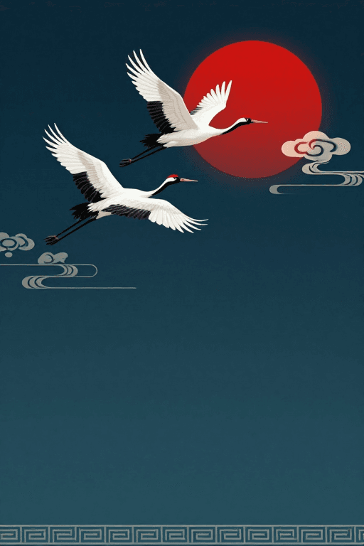 古典背景素材：青空红日双鹤翔：古典留白艺术插画