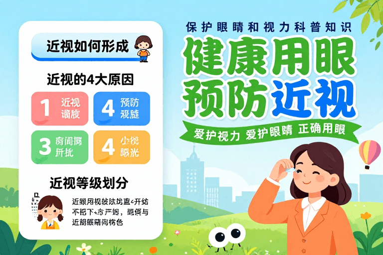 医疗宣传素材：清新护眼科普海报：探索近视成因与预防知识