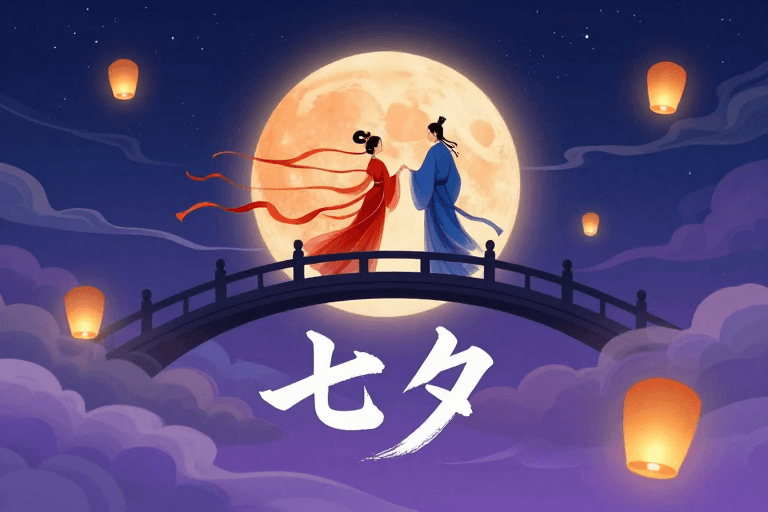 七夕节素材：梦幻国风七夕夜，飞仙对望月轮下