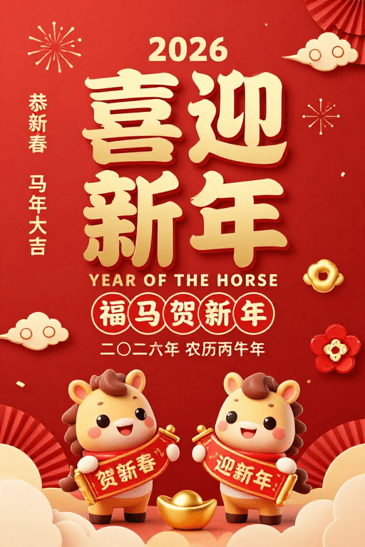 新春贺岁素材：2026新春贺岁 马年大吉喜庆金色海报