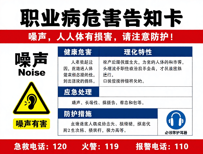 高对比度设计素材：职业病危害警示卡：噪声防护与安全提示