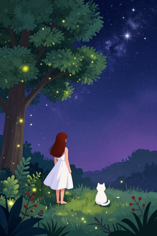 视觉留白素材：梦幻夜森林：星河下的静谧少女与猫