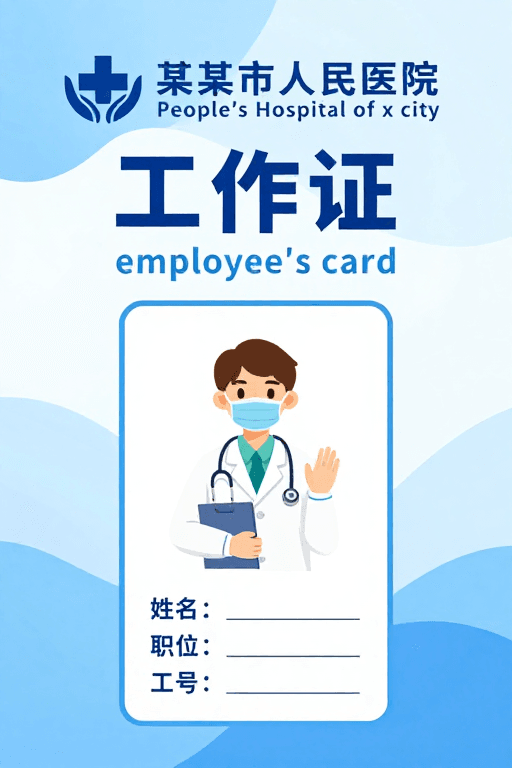 工作证设计素材：清新蓝白配色某市人民医院工作证设计