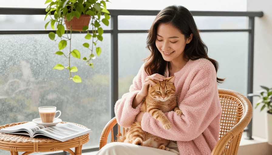 生活场景素材：静谧午后：藤椅抱猫与咖啡的治愈时光