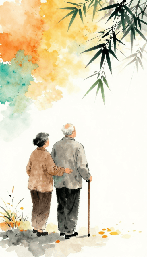 温情插画素材：水墨秋韵：双老背影缓步归途