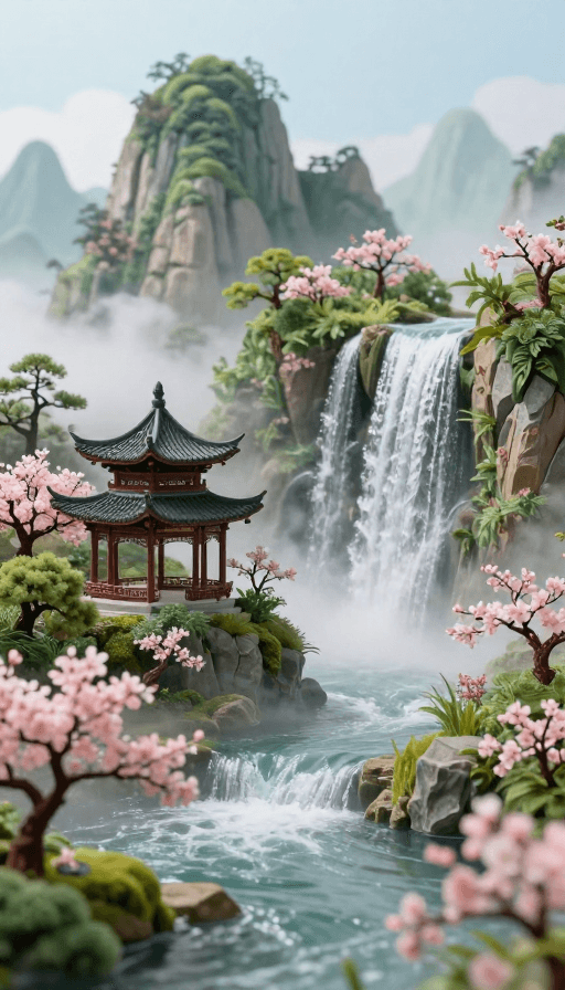 桃花源素材：梦境桃源：仙境楼阁与青翠仙山