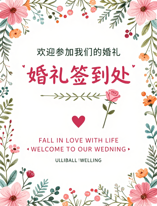 签到处标识素材：森系田园婚礼签到处手绘海报