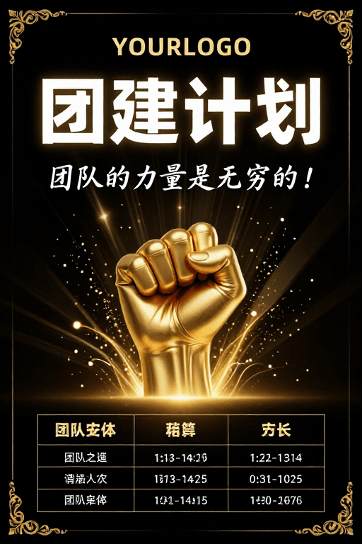 商务海报素材：黑金质感团建计划：引爆团队无限能量！