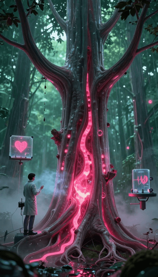 实验室场景素材：蒸汽波科幻：发光血液生物树下的科学家观测