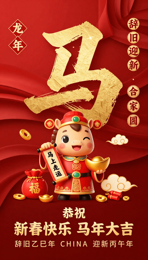 卡通吉祥物素材：中国风新年贺卡：金骏瑞兆迎丙午