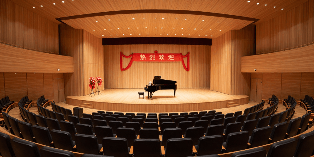 音乐厅摄影素材：现代音乐厅全景：木质弧形座椅与舞台艺术布置