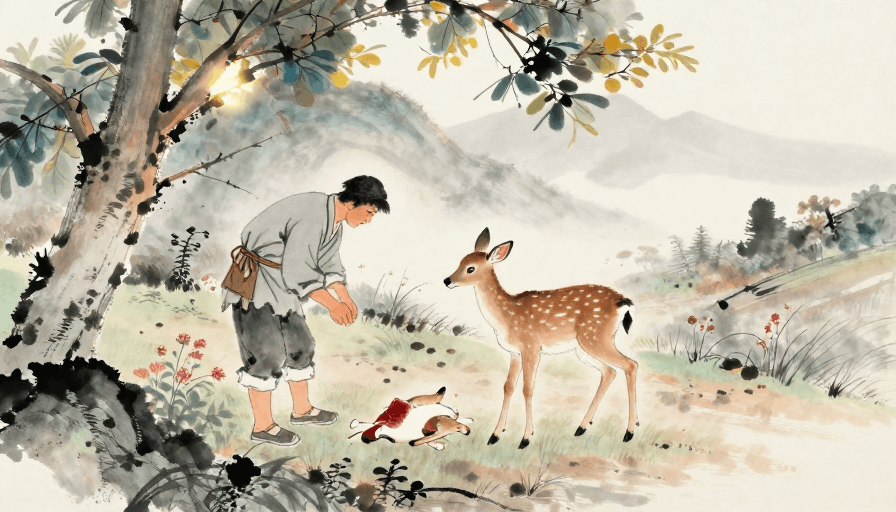 人文关怀素材：水墨山乡：农夫救助伤鹿的温馨瞬间